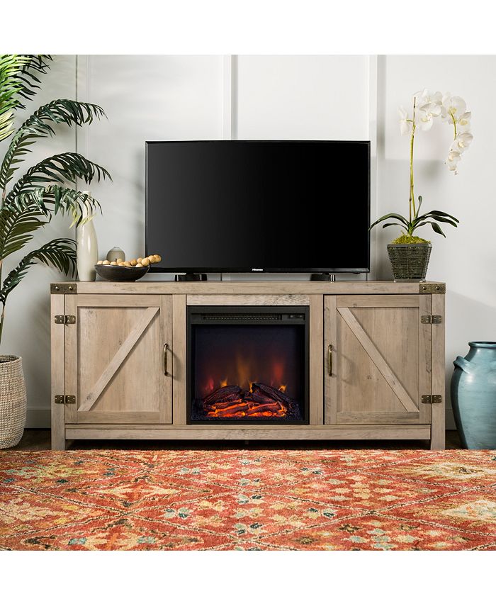 Walker Edison 58" Rustic Farmhouse Barn Door Fireplace TV Stand Storage