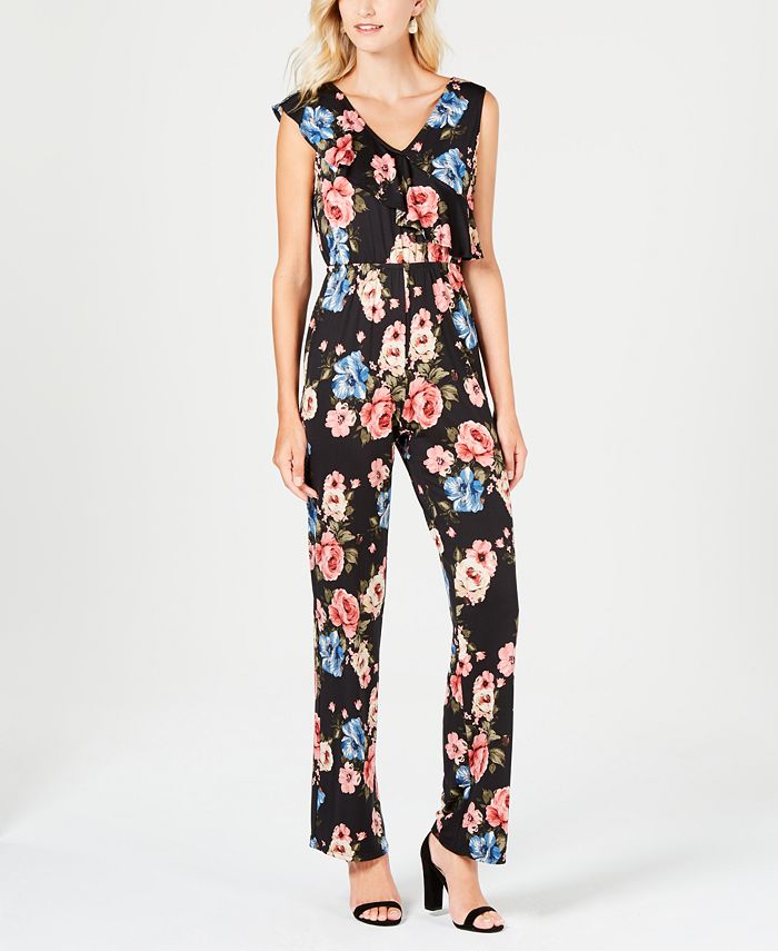 NY Collection Petite Printed Flounce-Trim Jumpsuit - Macy's