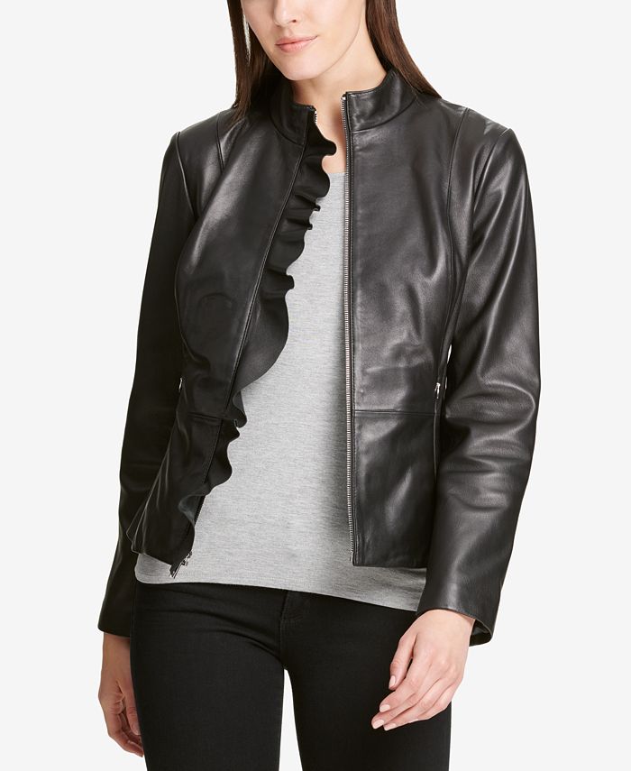DKNY Ruffled Leather Moto Jacket, Created for Macy's & Reviews - Coats ...