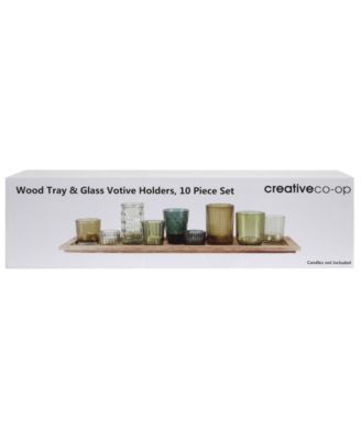 Round Glass Votive Holders on Wood Tray, Green, Set of 10