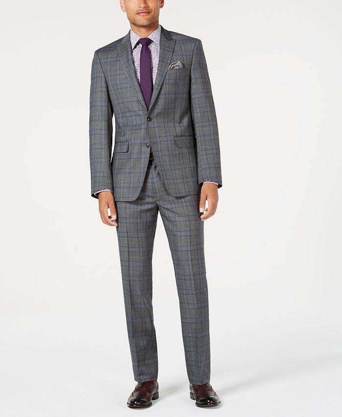 Tallia Men's Slim-Fit Stretch Gray/Blue Plaid Suit - Macy's