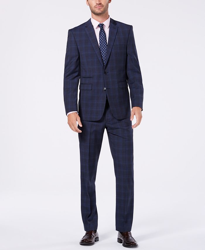 Vince Camuto Men's Slim-Fit Stretch Medium Blue Wool Plaid Suit - Macy's