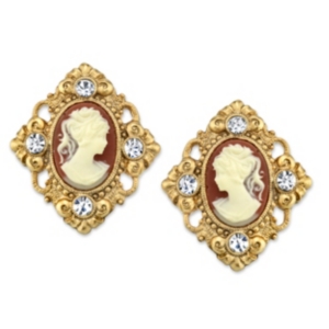 image of 2028 14K Gold-Dipped Cameo and Crystal Accent Clip Earrings