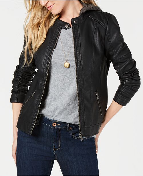 Faux Leather Hooded Moto Jacked
