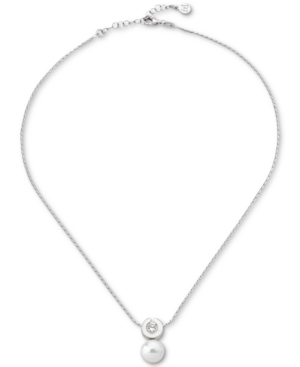 Majorica STERLING SILVER CRYSTAL & IMITATION PEARL PENDANT NECKLACE, 16-1/2" + 2" EXTENDER
