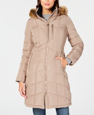 calvin klein women's puffer long coat with faux fur trimmed hood