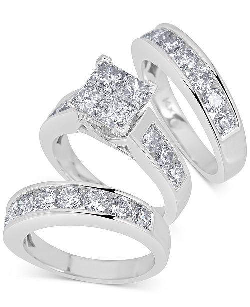Macy S Diamond 3 Pc Princess Bridal Set 4 Ct T W In 14k White Gold Reviews Rings Jewelry Watches Macy S