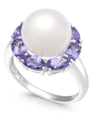 image of Cultured White Freshwater Pearl (10mm) & Tanzanite (2 ct. t.w.) Ring in Sterling Silver