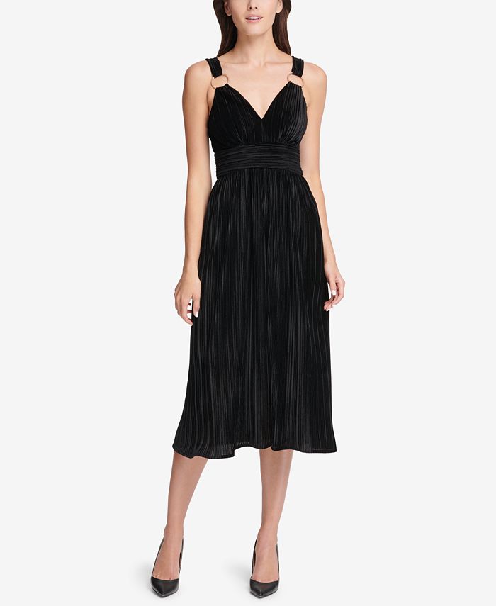 GUESS Velvet Pleated Fit & Flare Dress - Macy's