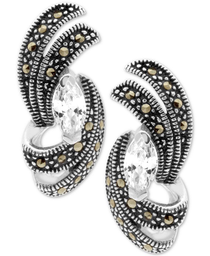 Macy's - Cubic Zirconia & Marcasite Swirl Stud Earrings in Fine Silver-Plate