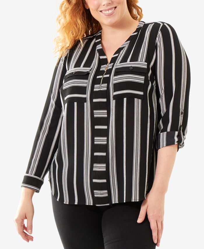 NY Collection Plus Size Half-Zip Striped Shirt - Macy's