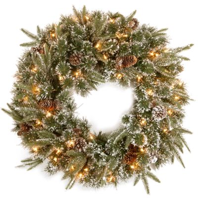 National Tree Company - 24" "Feel Real" Liberty Pine Wreath with Snow and Pine Cones and 50 Clear Lights