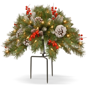 National Tree Company 18' Frosted Berry Urn Filler with Cones Red Berries Tripod Stake & 35 Warm White Battery Operated Led Lights w/Timer