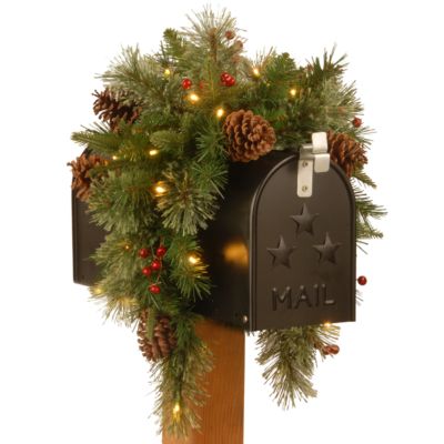 National Tree Company - 36" Feel Real(R) Colonial Mail Box Swag with 8 Pine Cones, 8 Red Berries and 15 Warm White Battery Operated LED Lights w/Timer