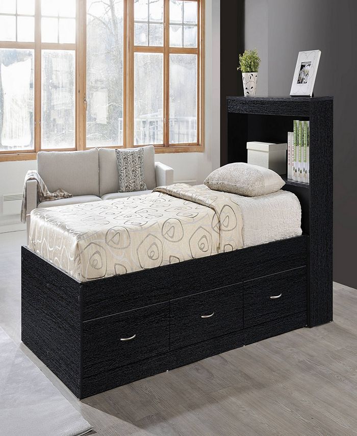 Hodedah TwinSize Captain Bed with 3Drawers and Headboard in Black