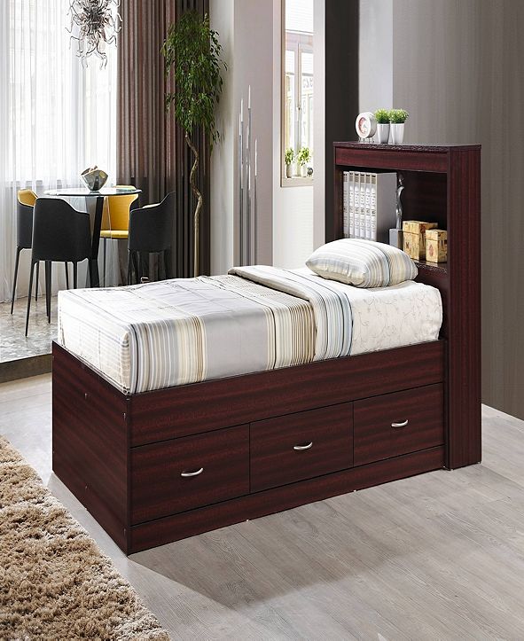 Hodedah TwinSize Captain Bed with 3Drawers and Headboard in Mahogany