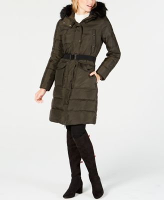 michael michael kors faux fur hooded belted down puffer coat