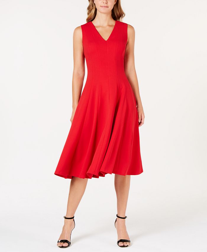 Calvin Klein V Neck Midi Fit And Flare Dress Macy S