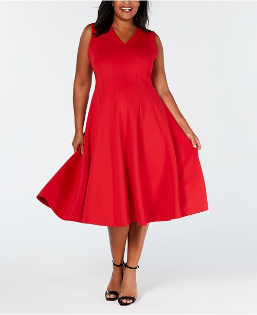Calvin Klein Plus Size V-Neck Midi Fit & Flare Dress & Reviews - Dresses - Women - Macy's