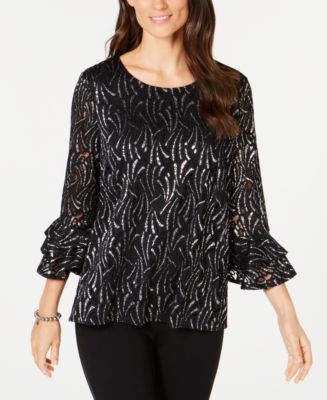 Alfani Women's Printed Ruffle Trim Top White Size Petite