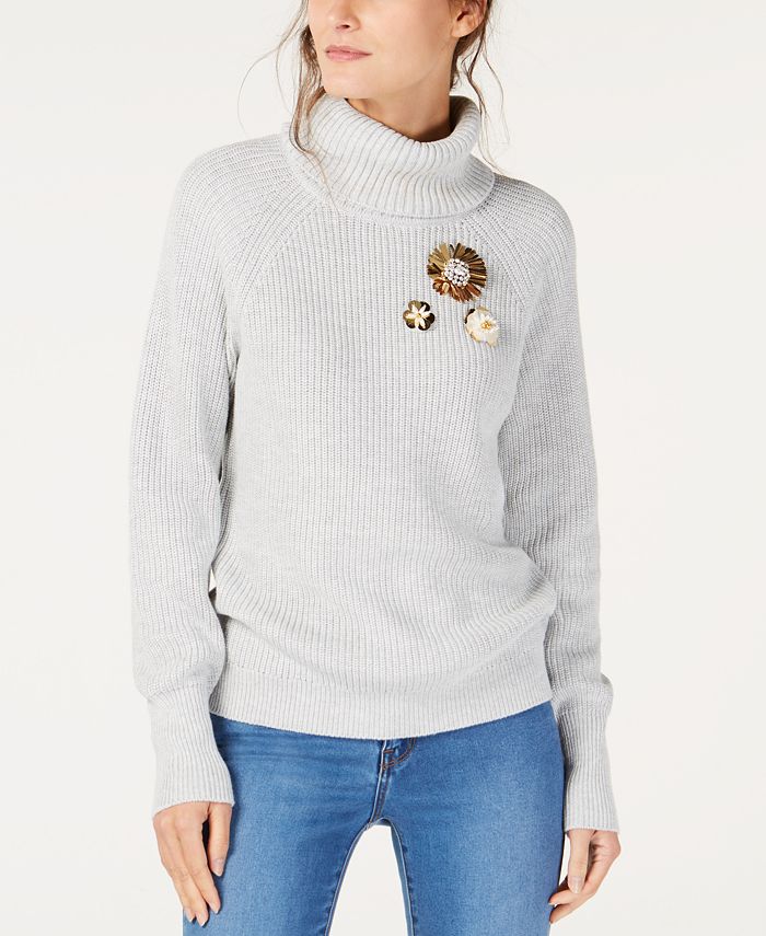 INC International Concepts I.N.C. Brooch Turtleneck Sweater