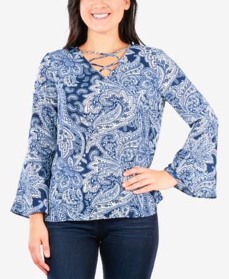 NY Collection - Petite Paisley-Print Bell-Sleeve Top