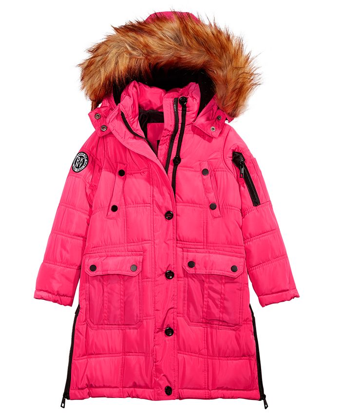 DKNY Little Girls Hooded Jacket With Removable Faux-Fur Trim - Macy's
