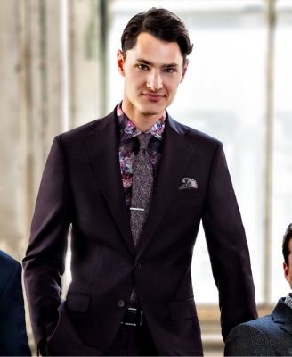 thumbnail image 2 of VINCI Men's Burgundy Sharkskin Banded Collar Slim Fit Tuxedo Suit - 2-Piece, Single-Breasted, Flat-Front - New With Tags 2 of 5
