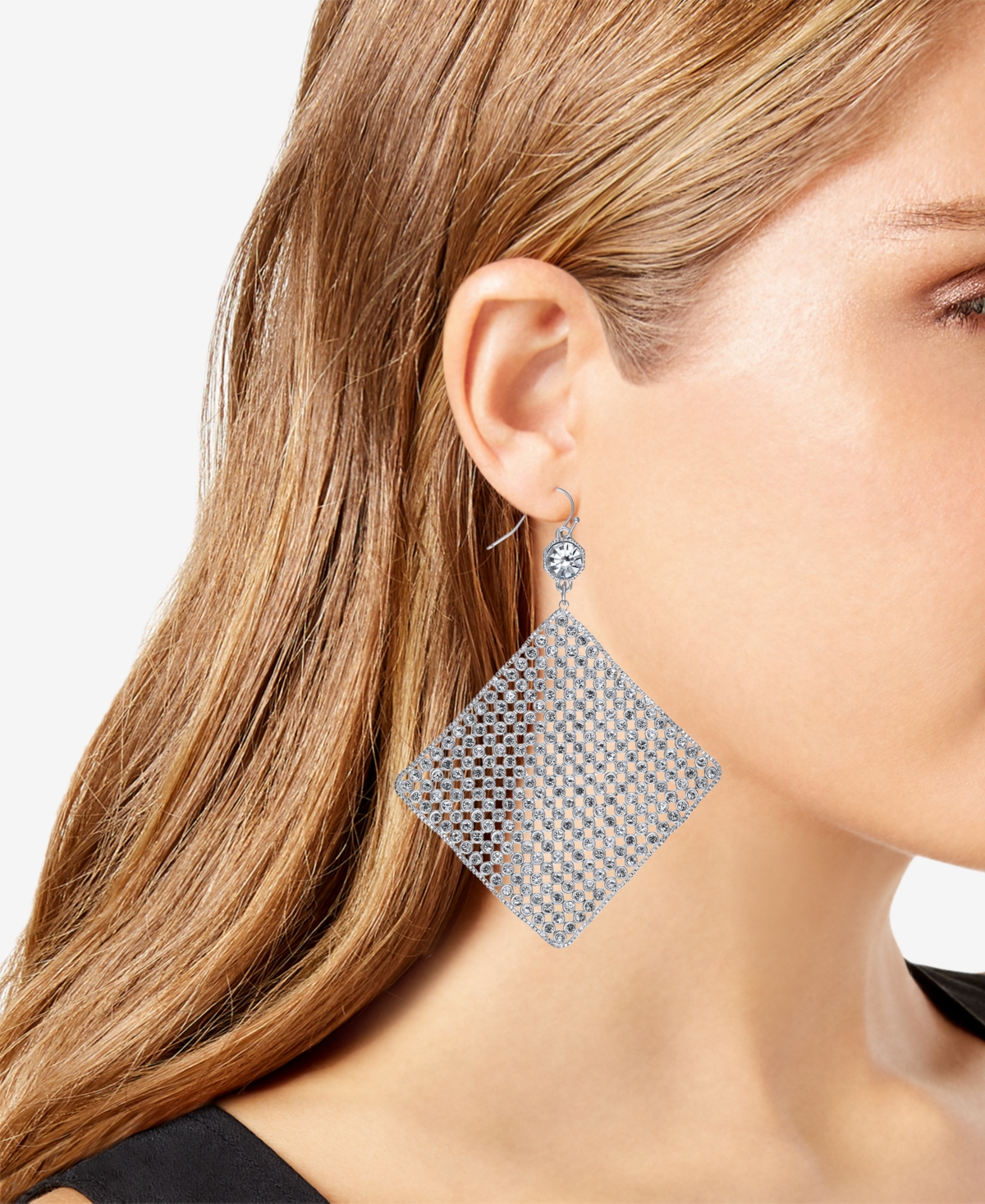 Inc International Concepts Silver-tone Crystal Diamond-shape Sheet Statement Earrings, Created For Macy's In Crystal