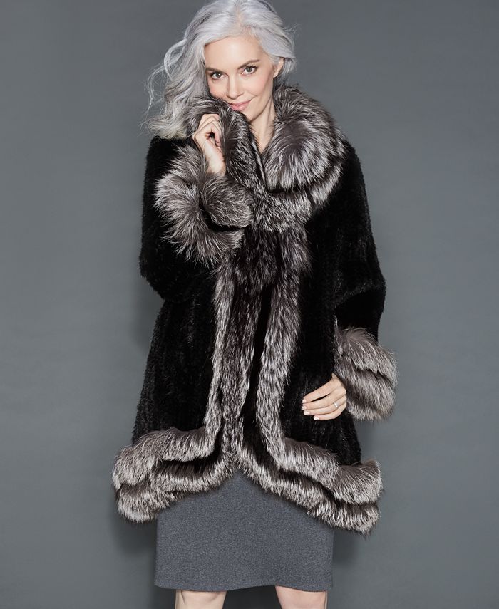The Fur Vault Fox-Fur-Trim Knitted Mink Coat - Macy's