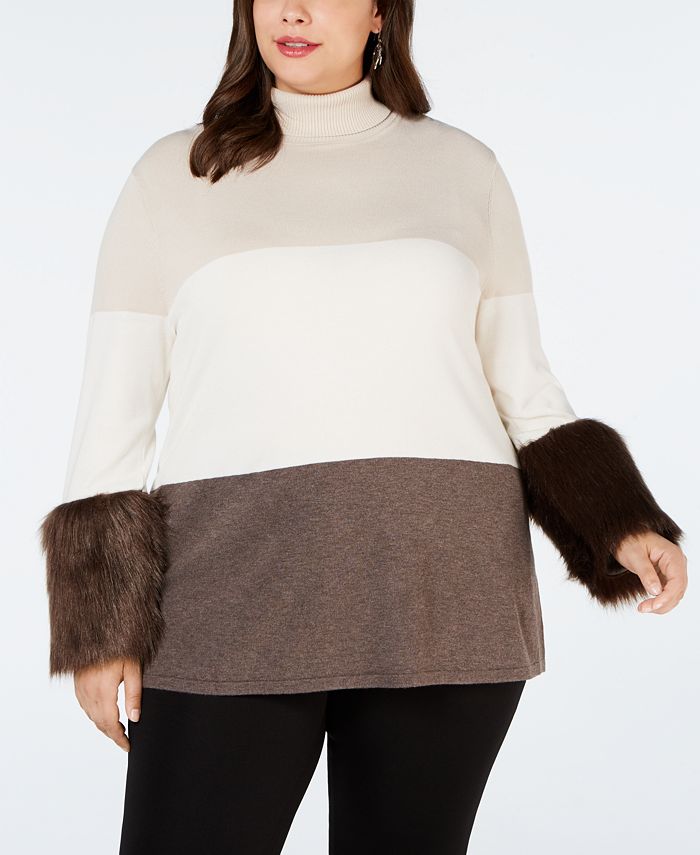 Alfani Plus Size Faux Fur Cuff Colorblocked Turtleneck Sweater