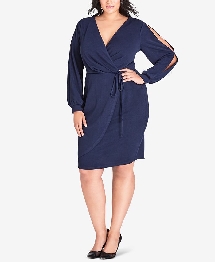 City Chic Trendy Plus Size Split-Sleeve Faux-Wrap Dress - Macy's