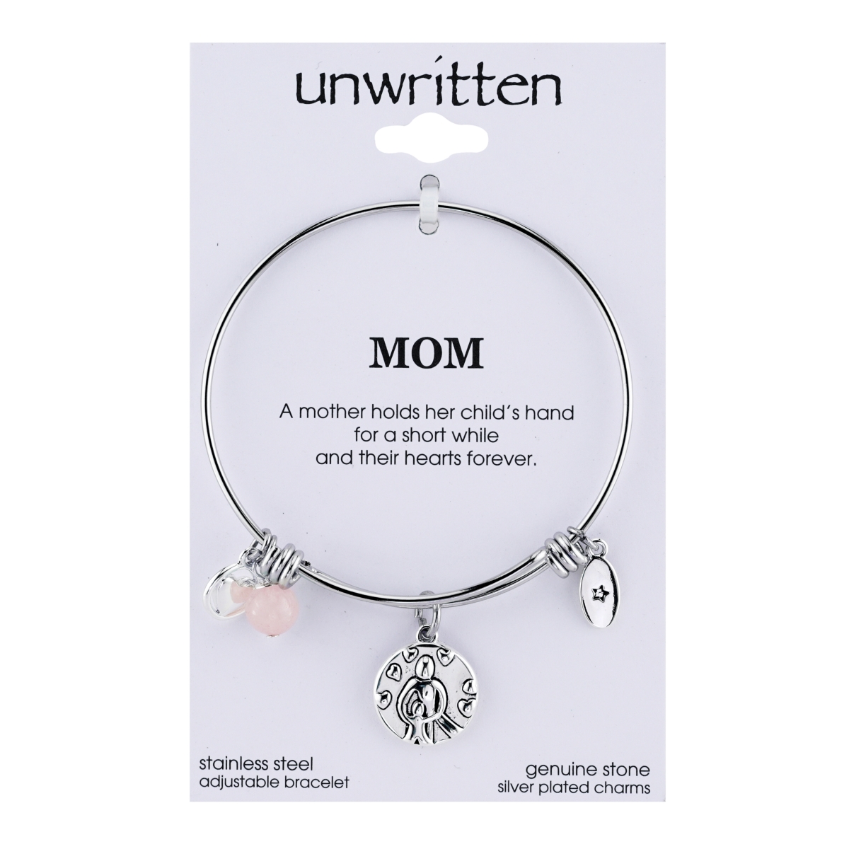 Unwritten Mom Charm and Rose Quartz (8mm) Bangle Bracelet in