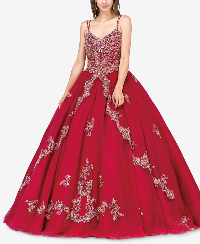 Dancing Queen Juniors' Bejeweled Lace Gown - Macy's