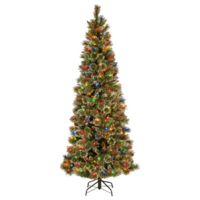 National Tree Company - National Tree 7' Glistening Pine Pencil Slim Hinged Tree with Silver Glittered Cones, 300 Multi Lights PowerConnect