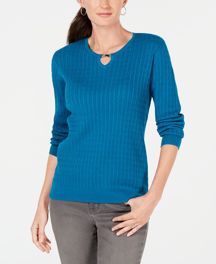 Karen Scott Cotton Keyhole Cable-Knit Sweater, Created for Macy's - Macy's