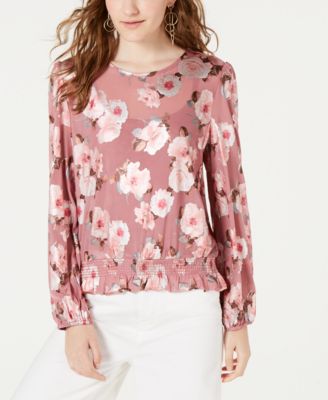 Almost Famous - Juniors' Metallic Floral-Printed Smocked Top