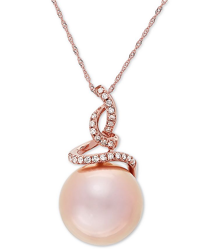 Honora - Pink Cultured Ming Pearl (13mm) & Diamond (1/8 ct. t.w.) 18" Pendant Necklace in 14k Rose Gold