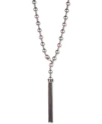 Carolee - Hematite-Tone Crystal, Imitation & Freshwater Pearl (10mm) Chain Tassel 18" Lariat Necklace