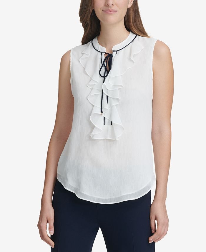Tommy Hilfiger Sleeveless Ruffle-Neck Tie-Front Blouse & Reviews - Tops ...