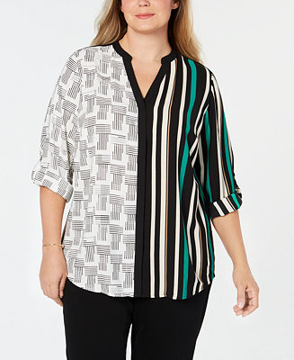 Alfani Plus Size Mixed-Print Cuffable Blouse, Created for Macy's ...