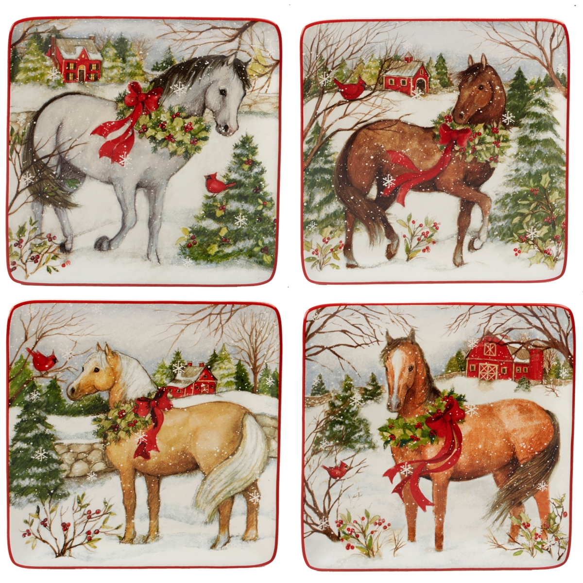 Christmas on the Farm 4-Pc. Dessert Plate asst. - White/red