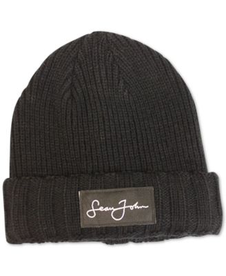 Sean John - Men's Woven Label Double Roll Cuff Beanie