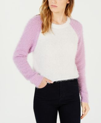 Planet Gold - Juniors' Fuzzy Cropped Baseball Sweater