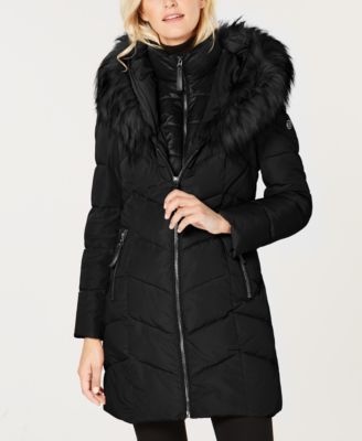 calvin klein women's puffer long coat with faux fur trimmed hood