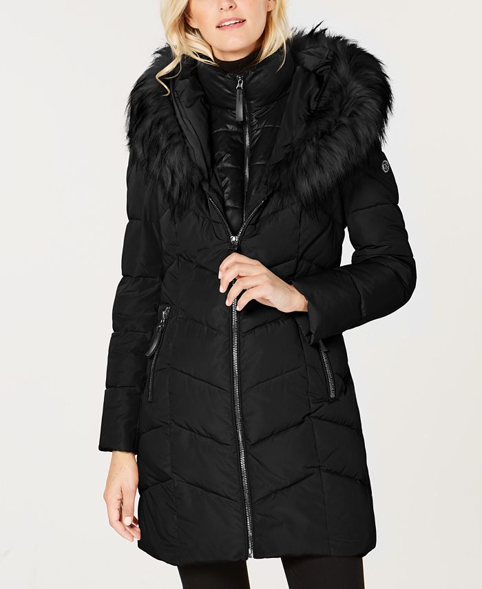 Lauren Ralph Lauren Womens Faux-Fur-Trim Hooded Puffer Coat, Created for Macys - Black