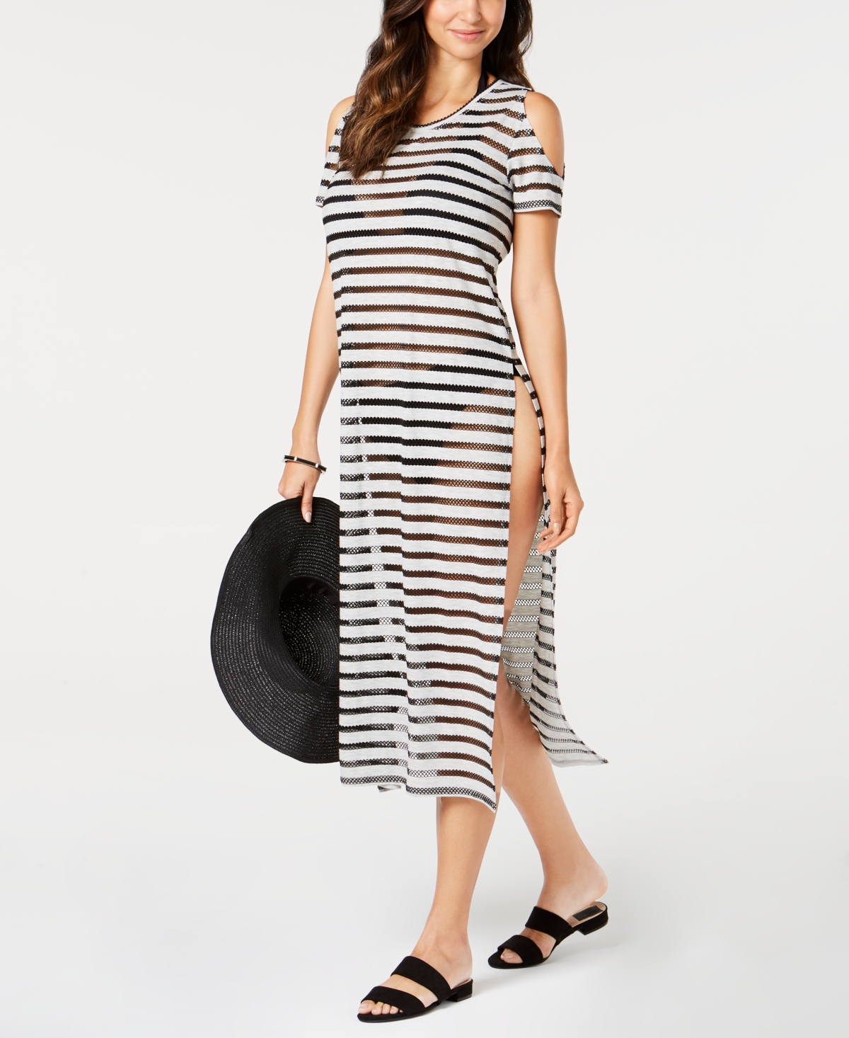 Calvin Klein Crochet Striped Cold-shoulder Cover-up, Created For Macy's Women's Swimsuit In Black,gray