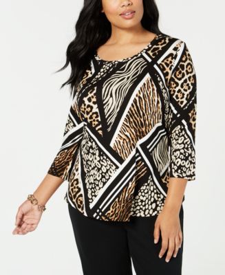JM Collection Plus Size Geometric Animal-Print Top, Created for Macy's ...