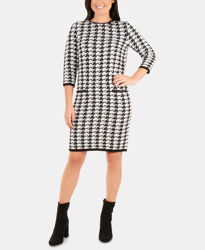 NY Collection Houndstooth-Print Sweater Dress - Macy's