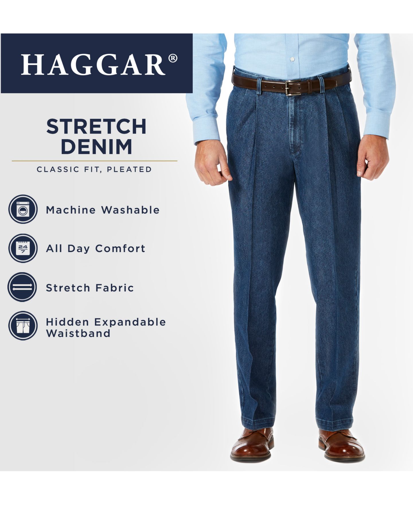 Мужские брюки Haggar Stretch Denim Classic-Fit Pleated, цвет: Стоунвош — фото 8
